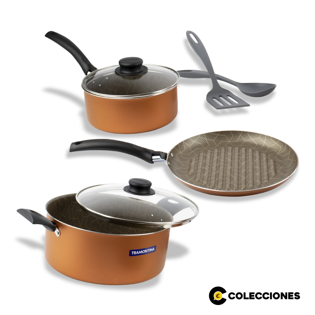 SET DE OLLAS 7 PIEZAS DORADO TRAMONTINA + RECETARIO