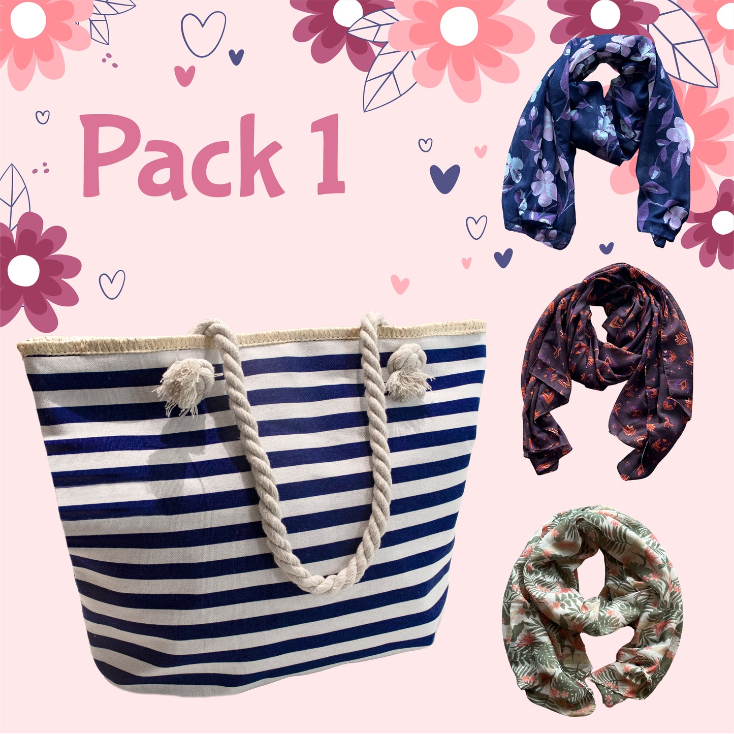 01 PACK 1 - BOLSO CON RAYAS AZUL + 3 PASHMINAS