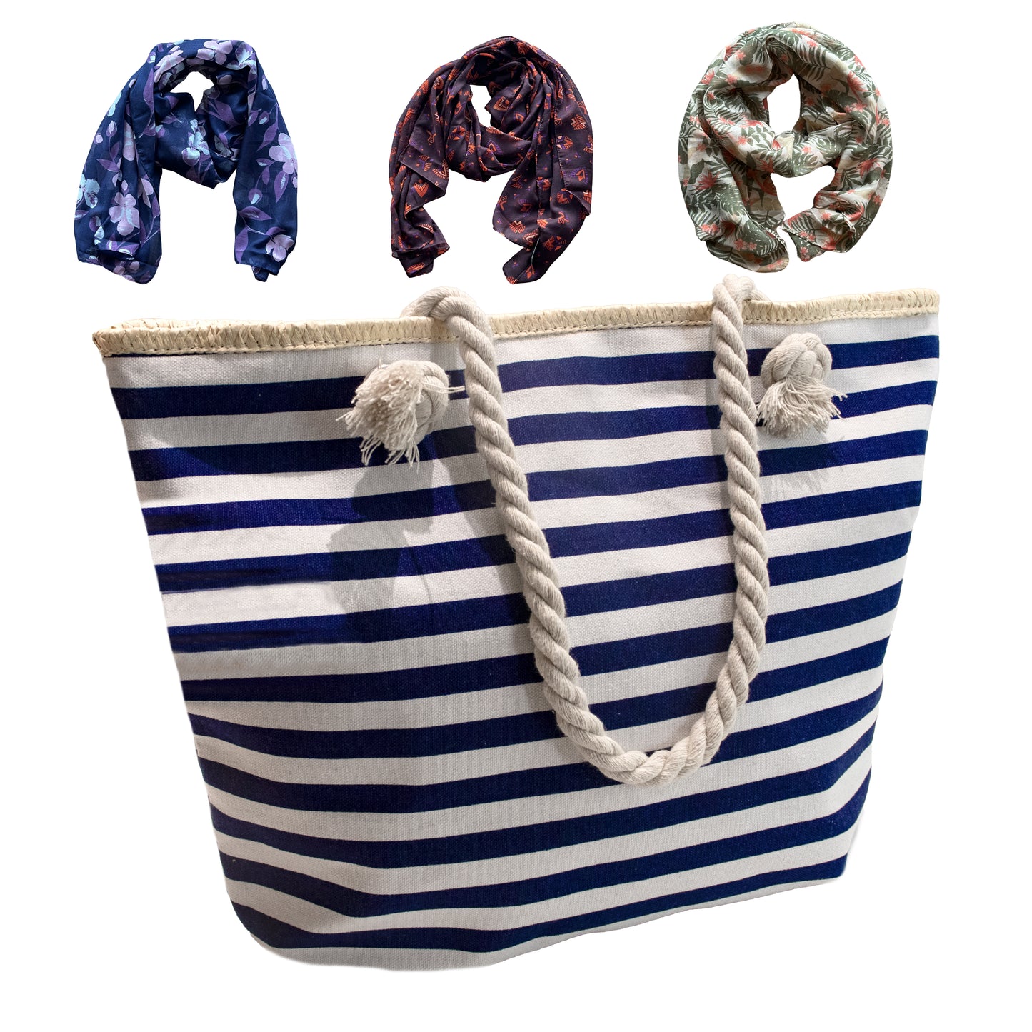 01 PACK 1 - BOLSO CON RAYAS AZUL + 3 PASHMINAS