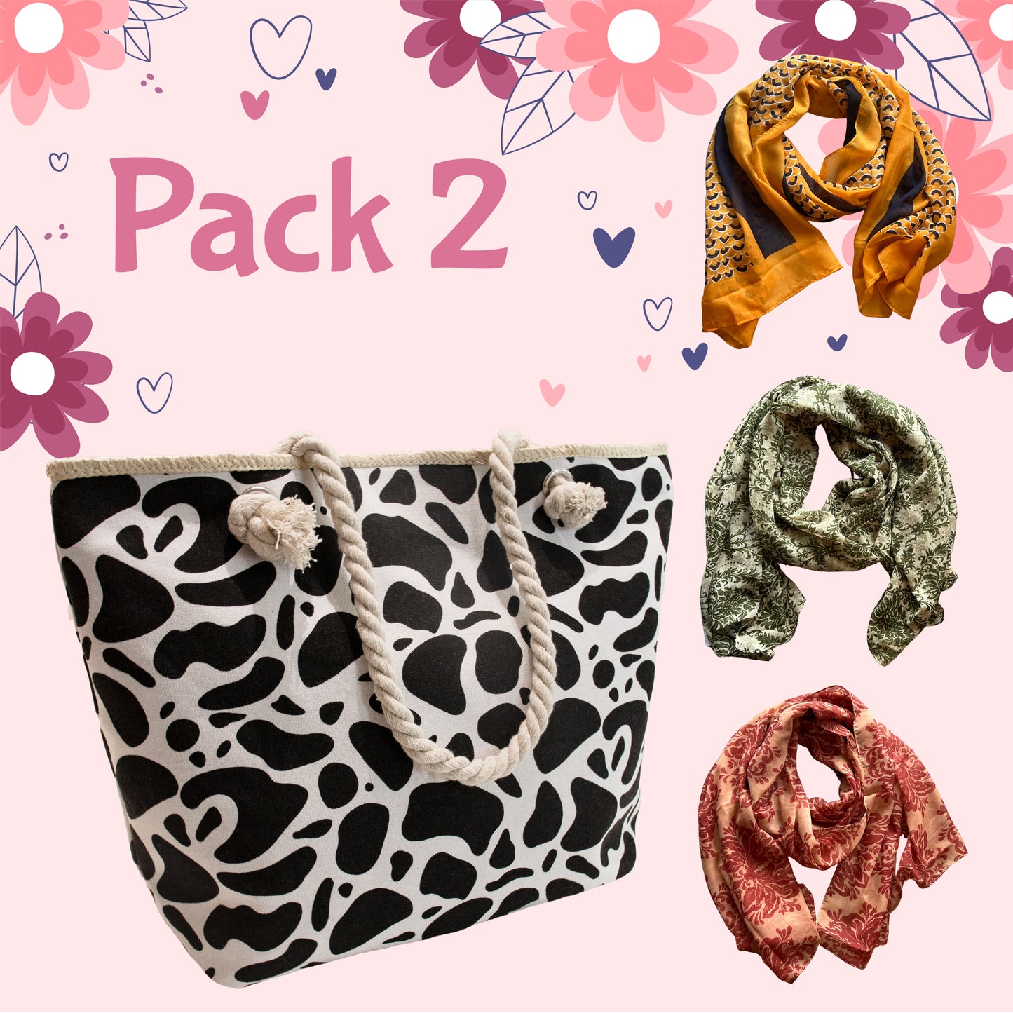 02 PACK 2 - BOLSO BLANCO Y NEGRO + 3 PASHMINAS