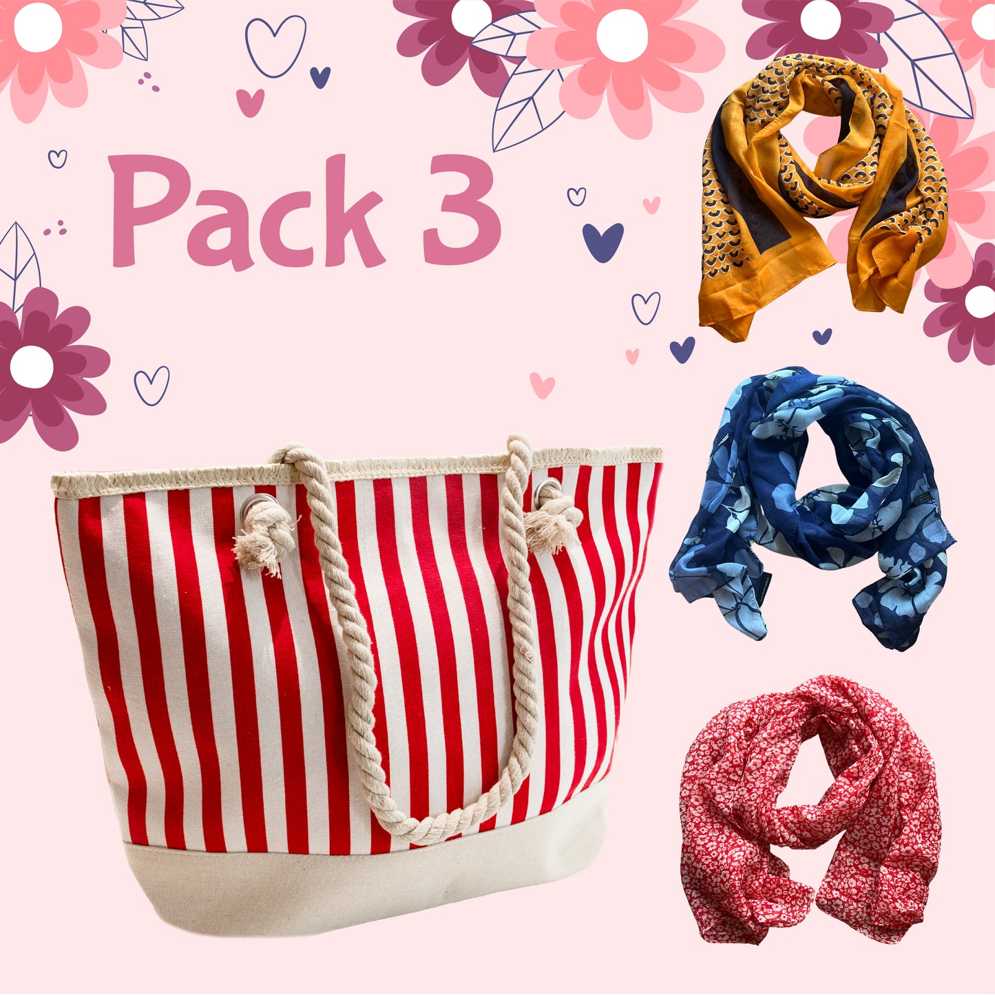 03 PACK 3 - BOLSO CON RAYAS ROJAS + 3 PASHMINAS