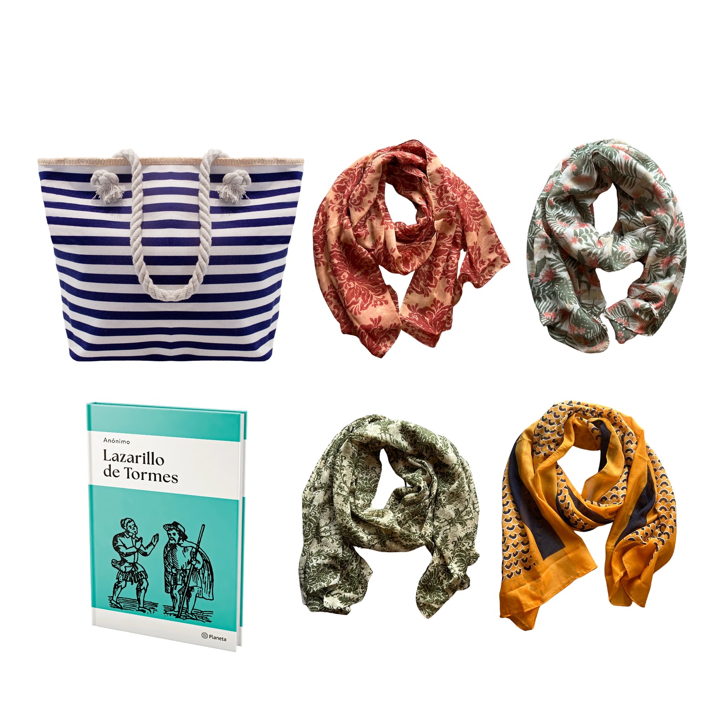 PACK 1 - BOLSO CON RAYAS AZUL + 4 PASHMINAS + LIBRO