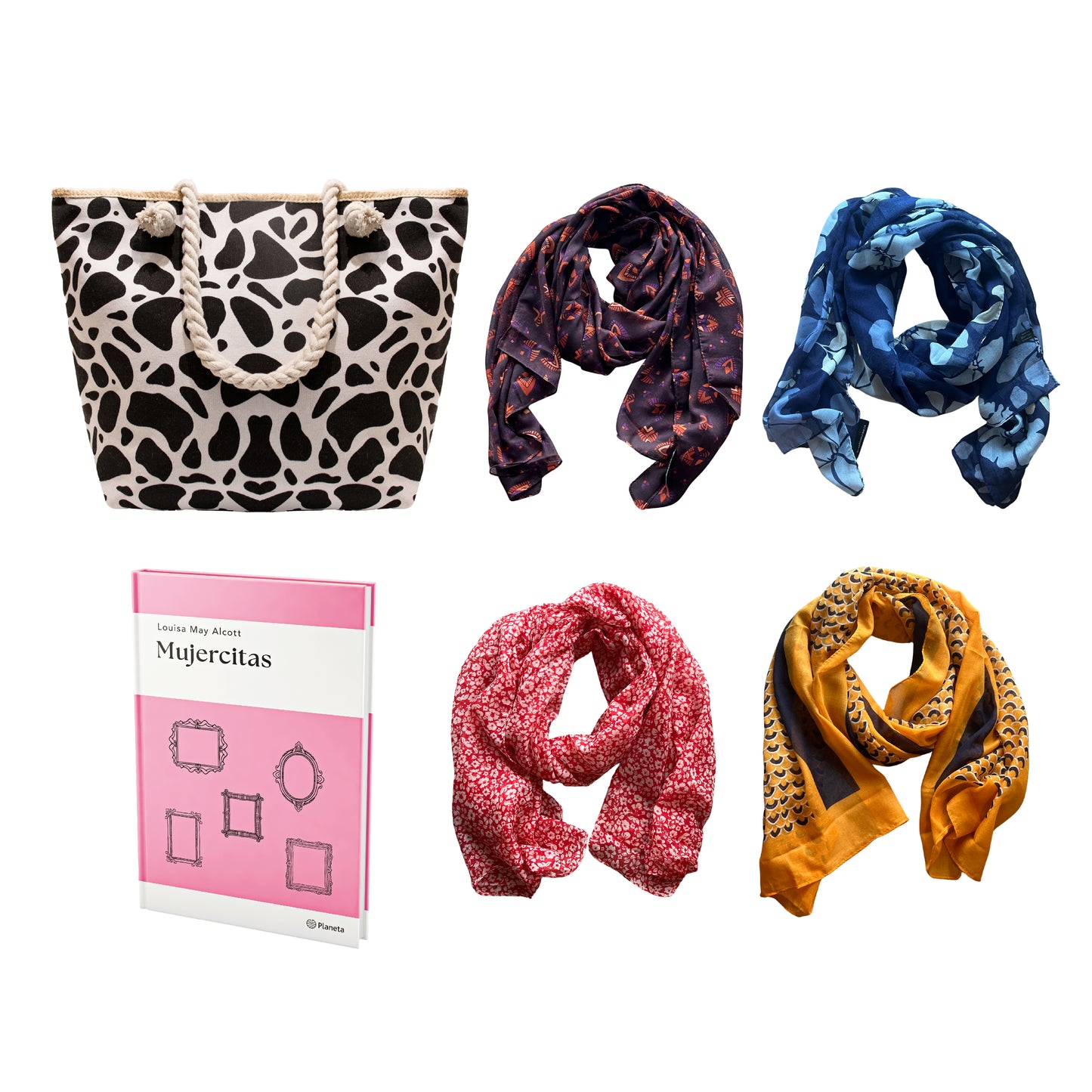 PACK 2 - BOLSO BLANCO Y NEGRO + 4 PASHMINAS + LIBRO