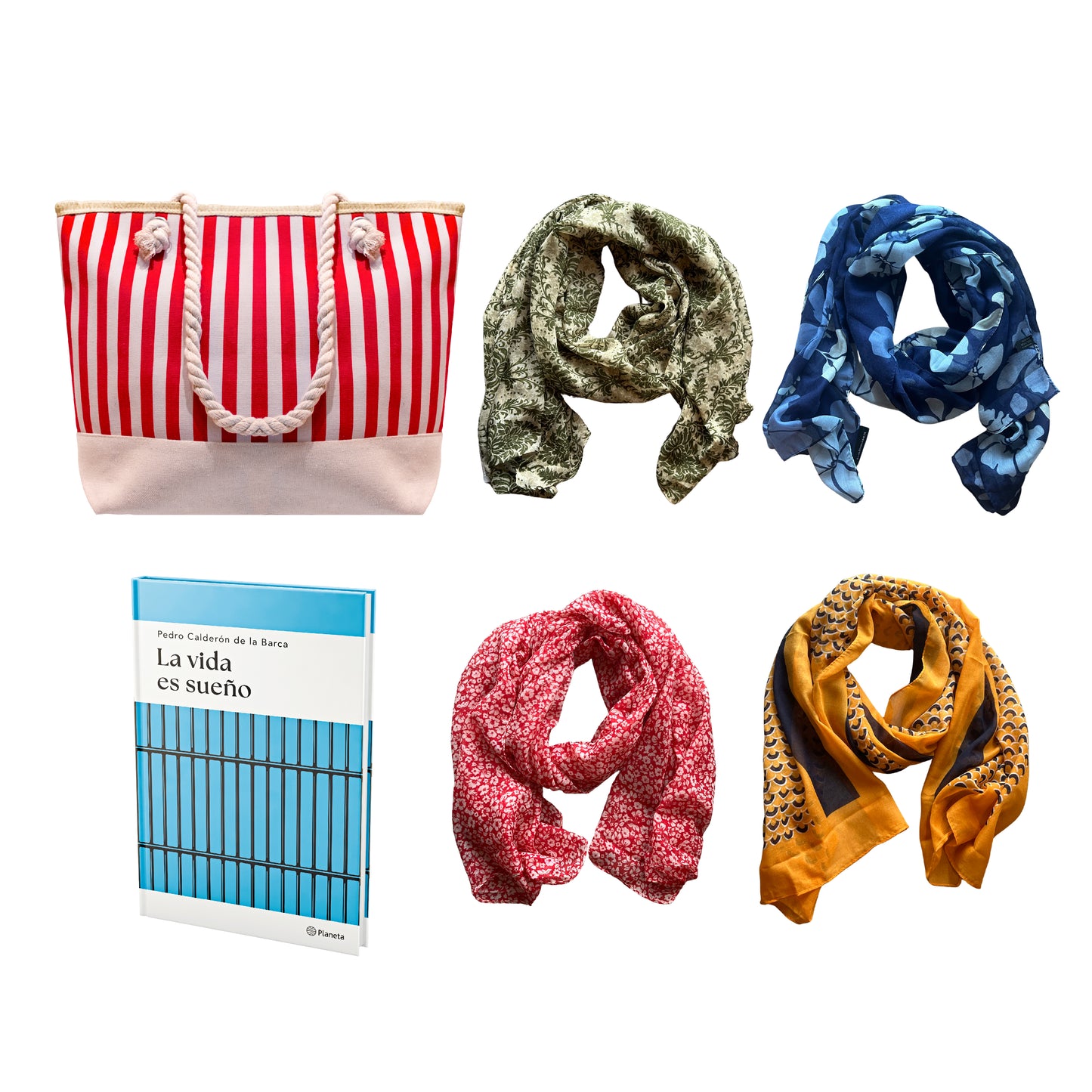 PACK 3 - BOLSO CON RAYAS ROJAS + 4 PASHMINAS + LIBRO