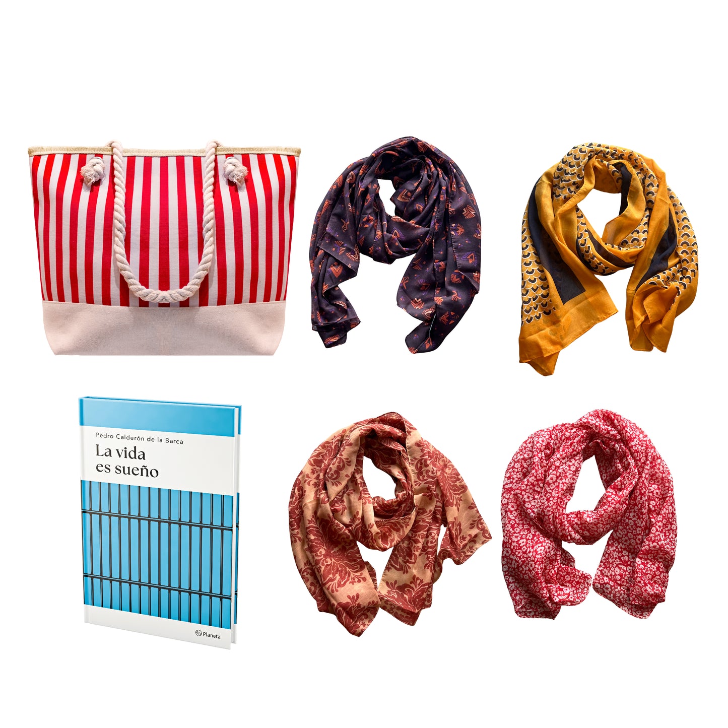 PACK 4 - BOLSO CON RAYAS ROJAS + 4 PASHMINAS + LIBRO