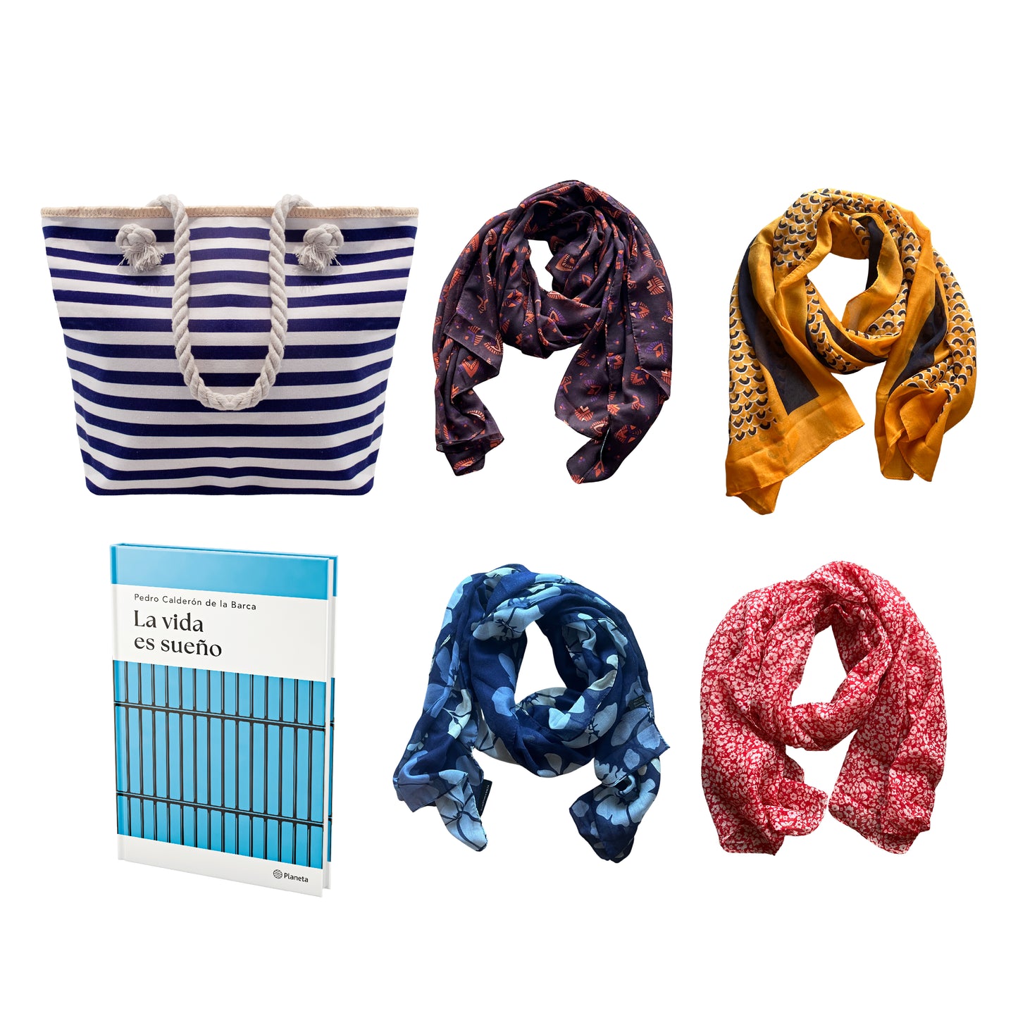 PACK 5 - BOLSO CON RAYAS AZUL + 4 PASHMINAS + LIBRO