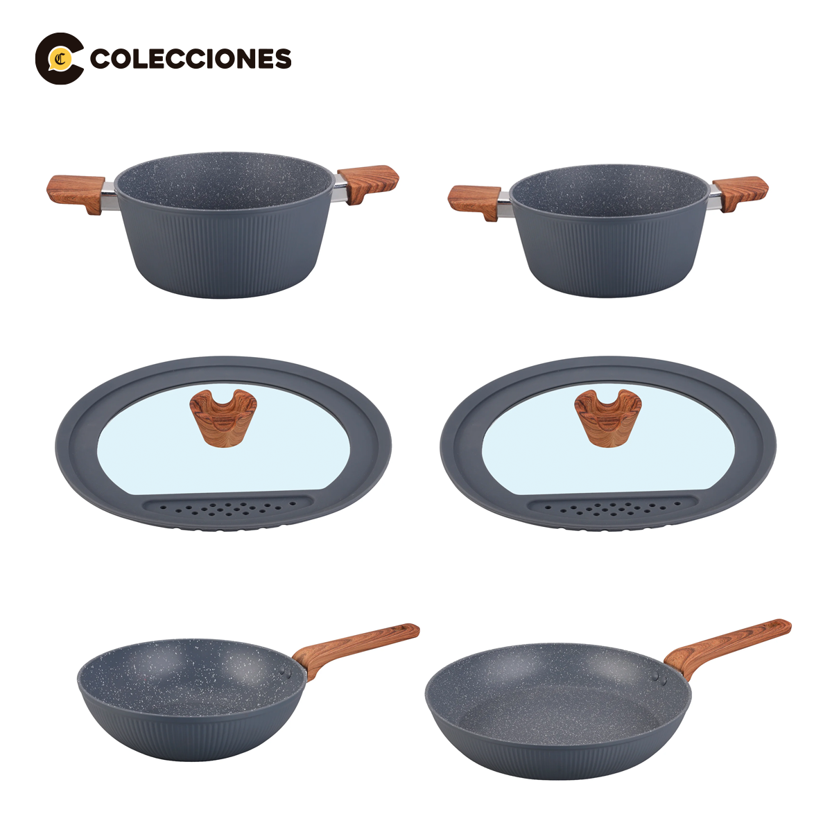 Pack de 6 Piezas: 2 ollas 26 cm y 24 cm + 2 tapas 24/26/28 + 1 wok 26 cm + 1 sartén 28 cm