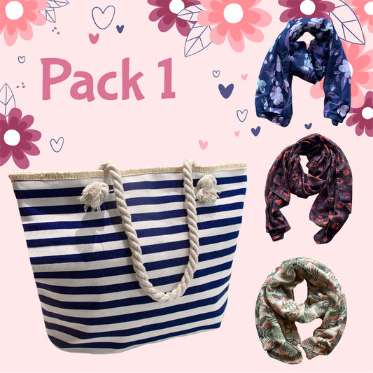 01 PACK 1 - BOLSO CON RAYAS AZUL + 3 PASHMINAS