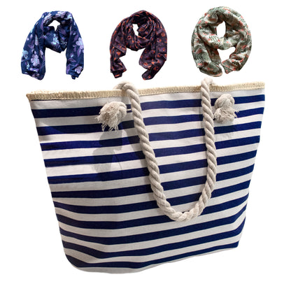 01 PACK 1 - BOLSO CON RAYAS AZUL + 3 PASHMINAS