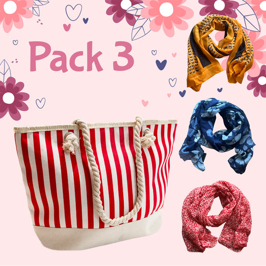 03 PACK 3 - BOLSO CON RAYAS ROJAS + 3 PASHMINAS
