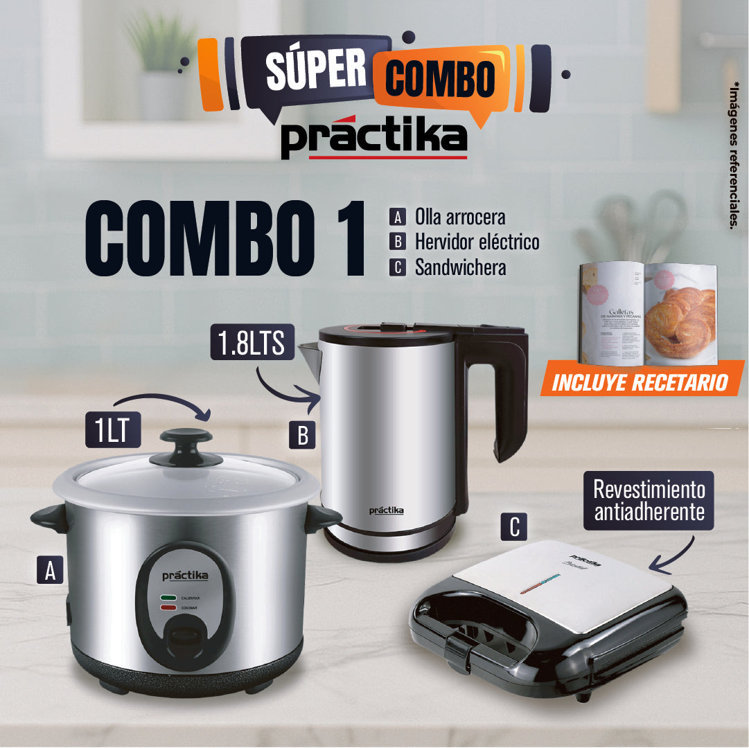 Combo 1 Olla Arrocera + Hervidor + Sandwichera Práctika