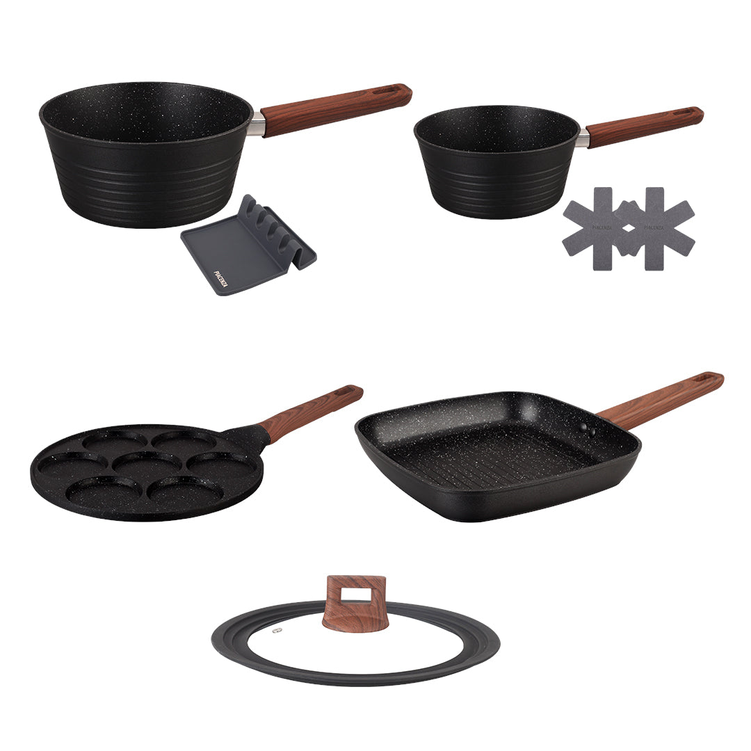 Cacerola 20cm + Cacerola 18cm + Tapa multidiámetro+ Sartén Grill + Sartén Pancake + 2 Accesorios + 5 recetarios