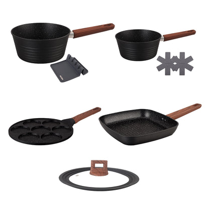 Cacerola 20cm + Cacerola 18cm + Tapa multidiámetro+ Sartén Grill + Sartén Pancake + 2 Accesorios + 5 recetarios