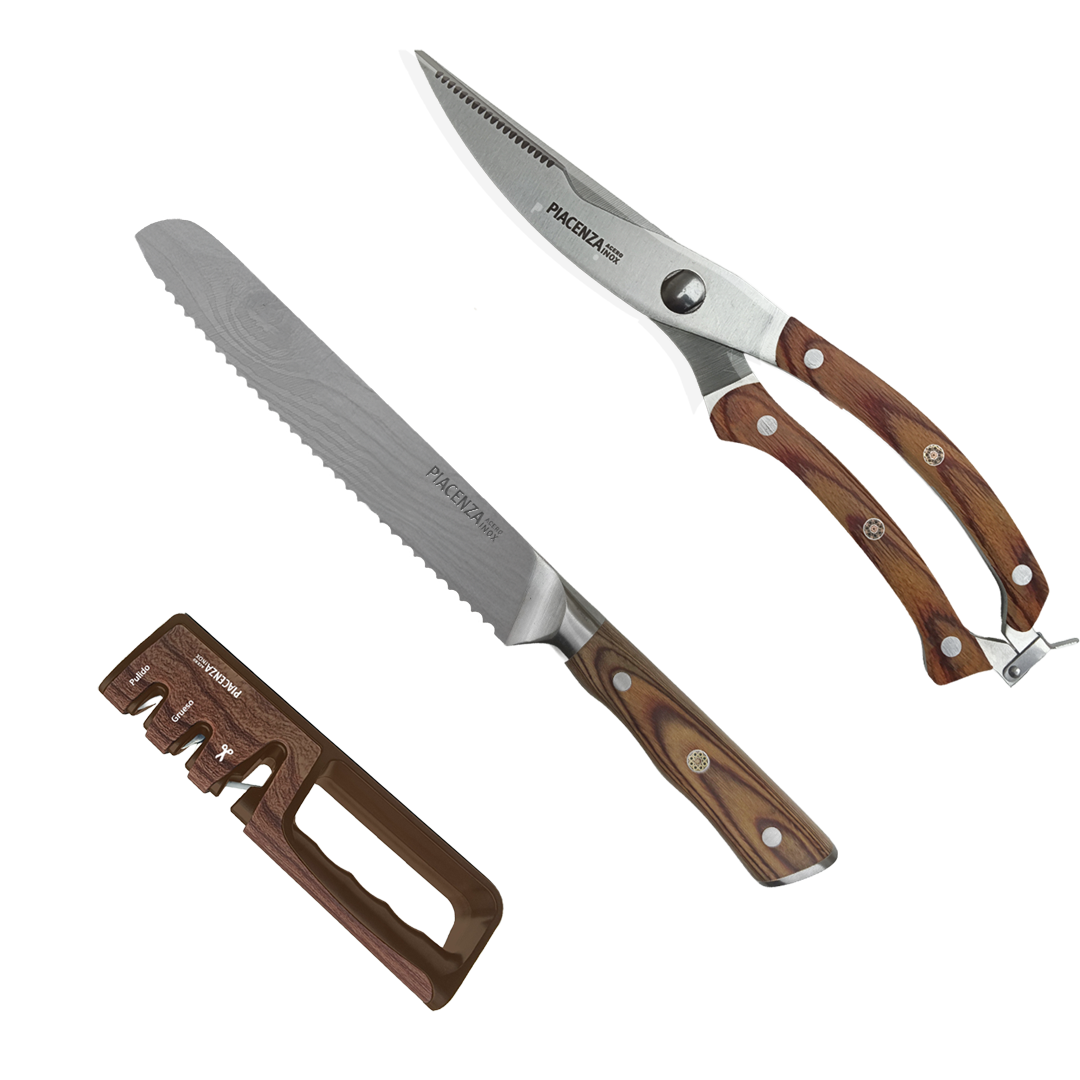 PISU CUCHILLOS - Pack Cuchillo de Pan + Tijera + Afilador
