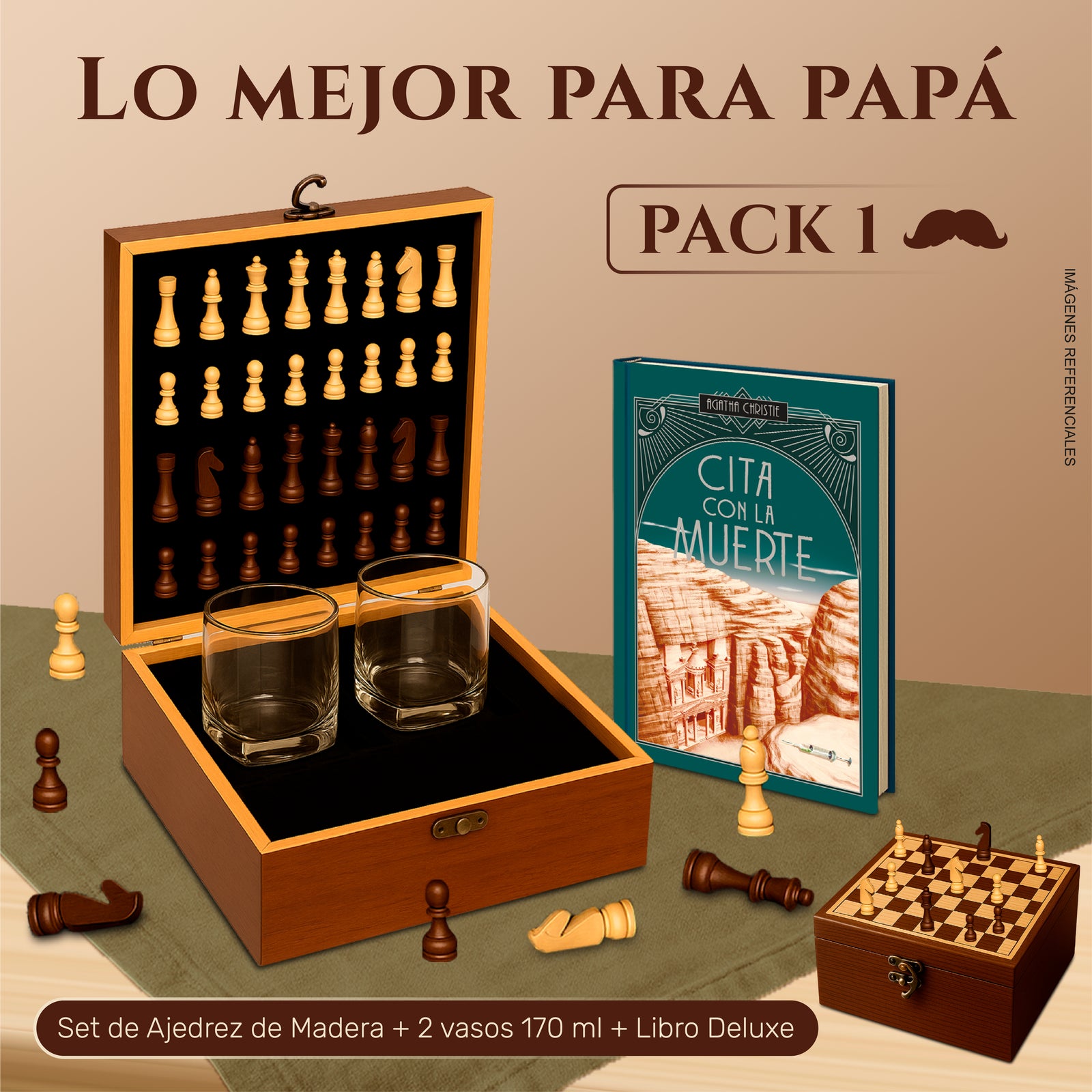 Set de Ajedrez de Madera + 2 Vasos Whisky + Libro Agatha Christie Deluxe