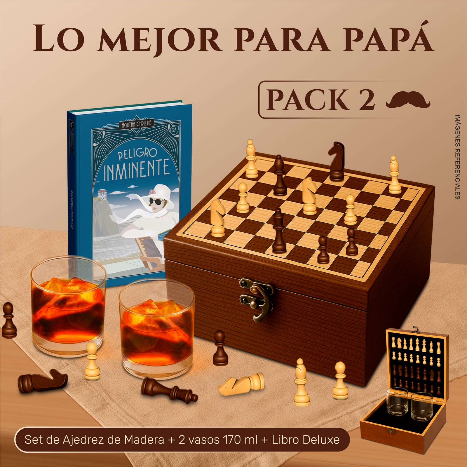 Set de Ajedrez de Madera + 2 Vasos Whisky + Libro Agatha Christie Deluxe