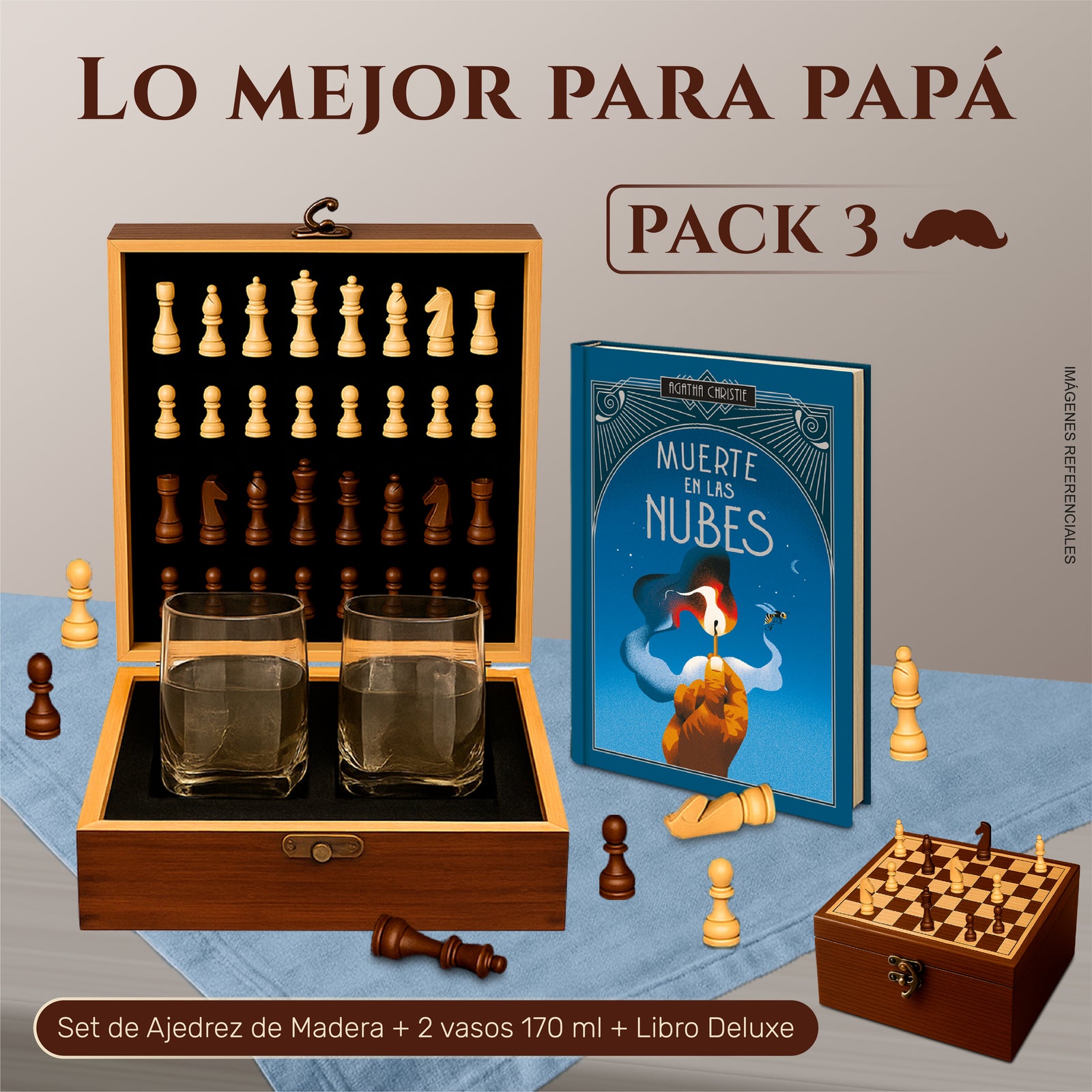 Set de Ajedrez de Madera + 2 Vasos Whisky + Libro Agatha Christie Deluxe