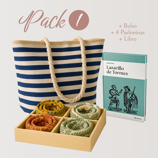 PACK 1 - BOLSO CON RAYAS AZUL + 4 PASHMINAS + LIBRO