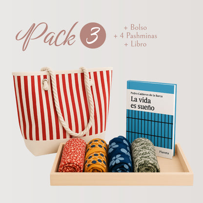 PACK 3 - BOLSO CON RAYAS ROJAS + 4 PASHMINAS + LIBRO