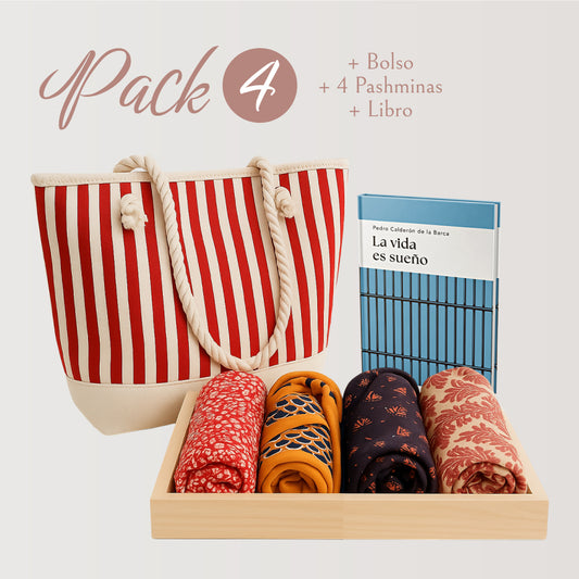 PACK 4 - BOLSO CON RAYAS ROJAS + 4 PASHMINAS + LIBRO
