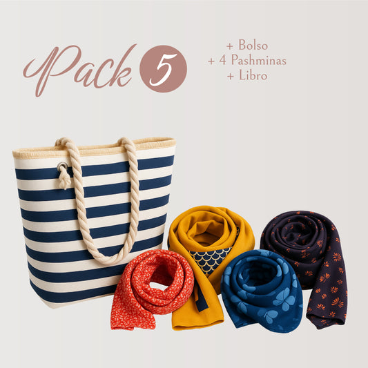 PACK 5 - BOLSO CON RAYAS AZUL + 4 PASHMINAS + LIBRO