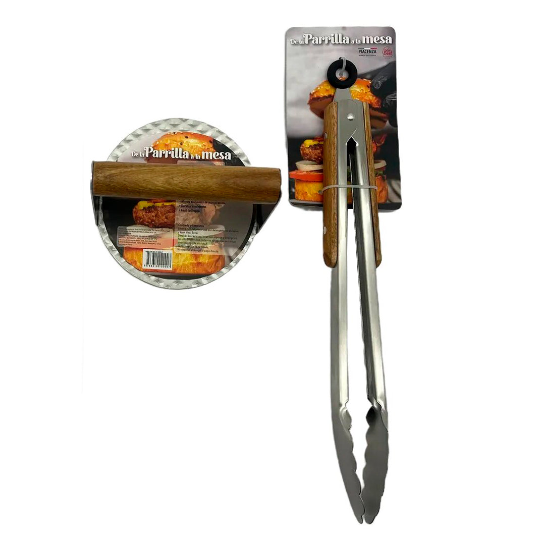 PP06 - PINZA PARRILLERO + PRENSADOR DE CARNE +  RECETARIO