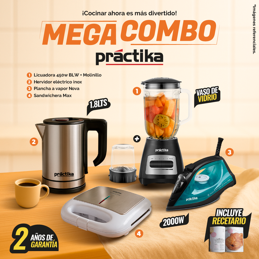 Combo Licuadora + Molinillo + Hervidor + Plancha + Sandwichera Práctika