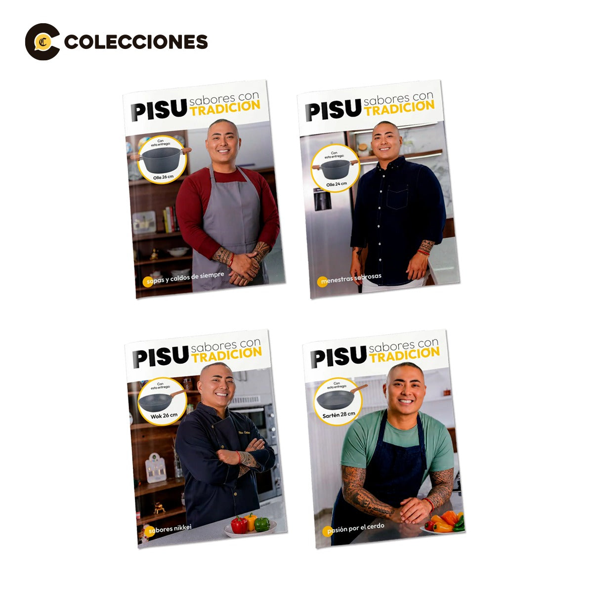 Pack 6 Piezas Piacenza: 1 olla 26cm + 1 Olla 24cm + 2 tapas Multidiámetro 24/26/28 + 1 wok 26cm + 1 sartén 28cm + 4 recetarios